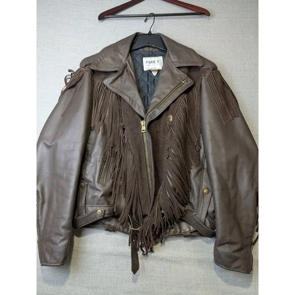 VTG Park V Leather Insulated Fringe Jacket Mens 46 Brown Suede Western Biker - Picture 1 of 11